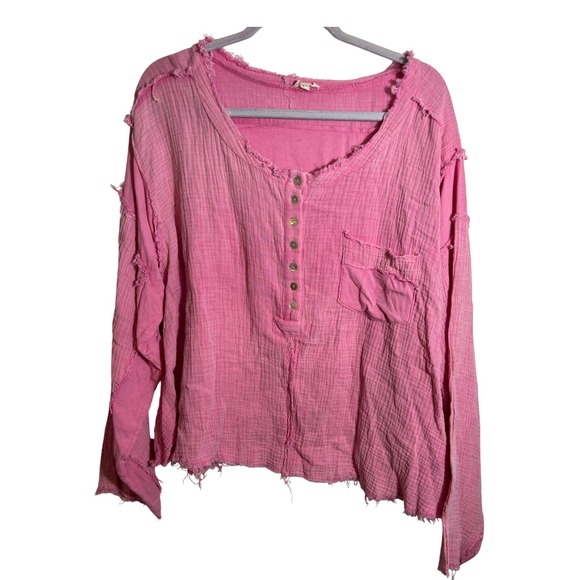 POL Tops - POL Pink Cotton Gauze Raw Hem Henley Top Size Large Oversized